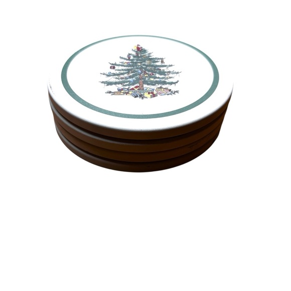 Spode Christmas Tree Coasters (4) Porcelain Bisque & Cork Round Thirsty Stone 4" - Picture 2 of 4